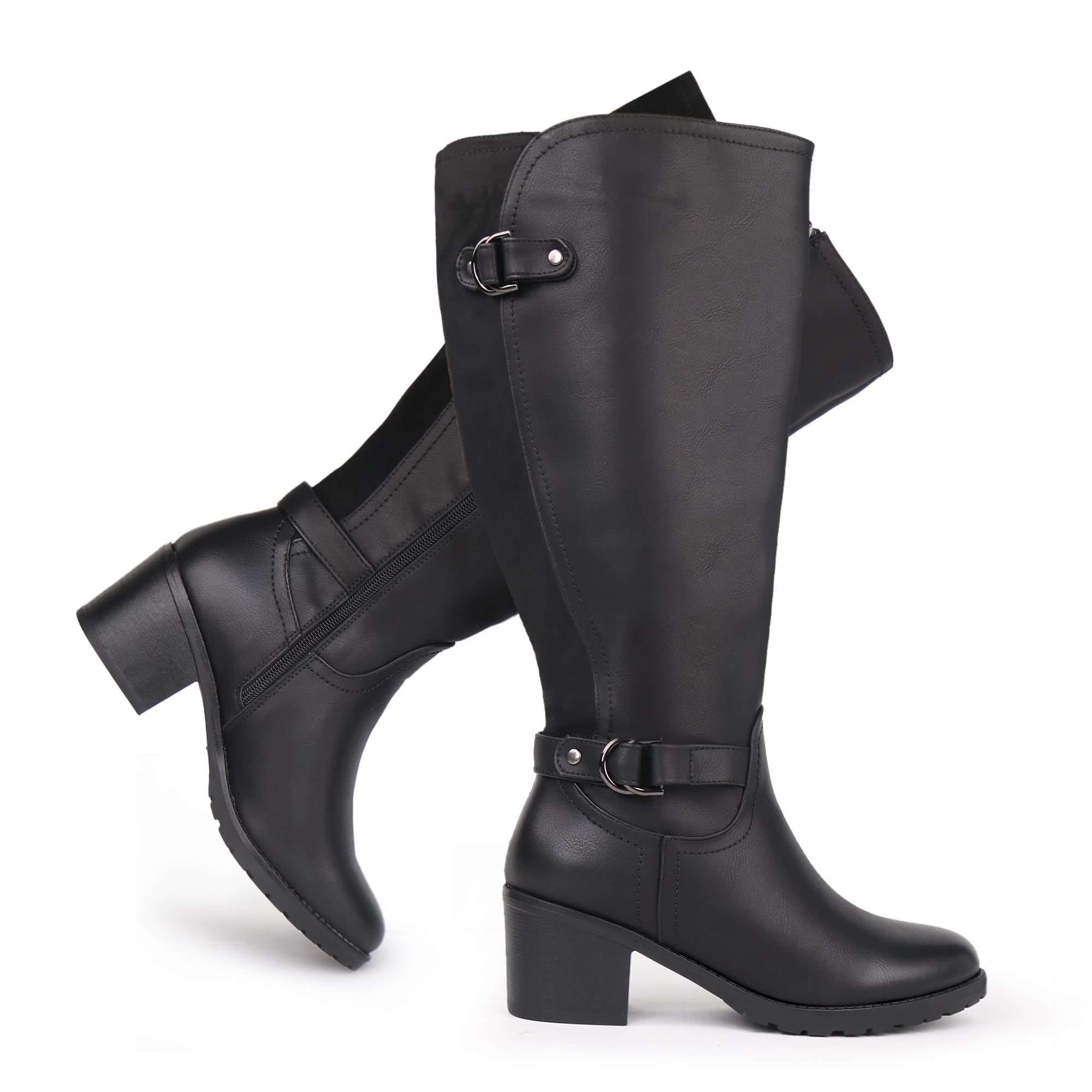 Women's Wide Calf Knee High Riding Boots with Block Heel and Decorated Double Bu