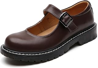 XMM Mary Jane Shoes Women Oxford Shoes Leather Round Toe Flats Non-Slip Ankle Buckle Strap Comfort Casual Dressy Cosplay Party School Work Shoes