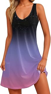 Women Summer Casual V Neck Sleeveless Pocket Beach Loose Fit Tank Sundress