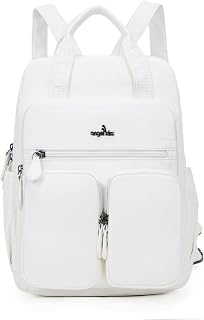 Angel Kiss Women Backpack Soft Washed Leather Multi Pockets Casual Travel Backpack, white, Travel Backpacks
