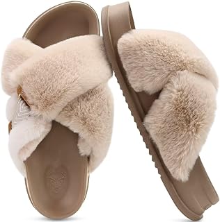KuaiLu Womens Fuzzy Cross Band Arch Support Memory Foam Indoor Slippers