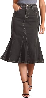 Allegra K Women Casual High Waisted A-Line Flared Midi Denim Skirt