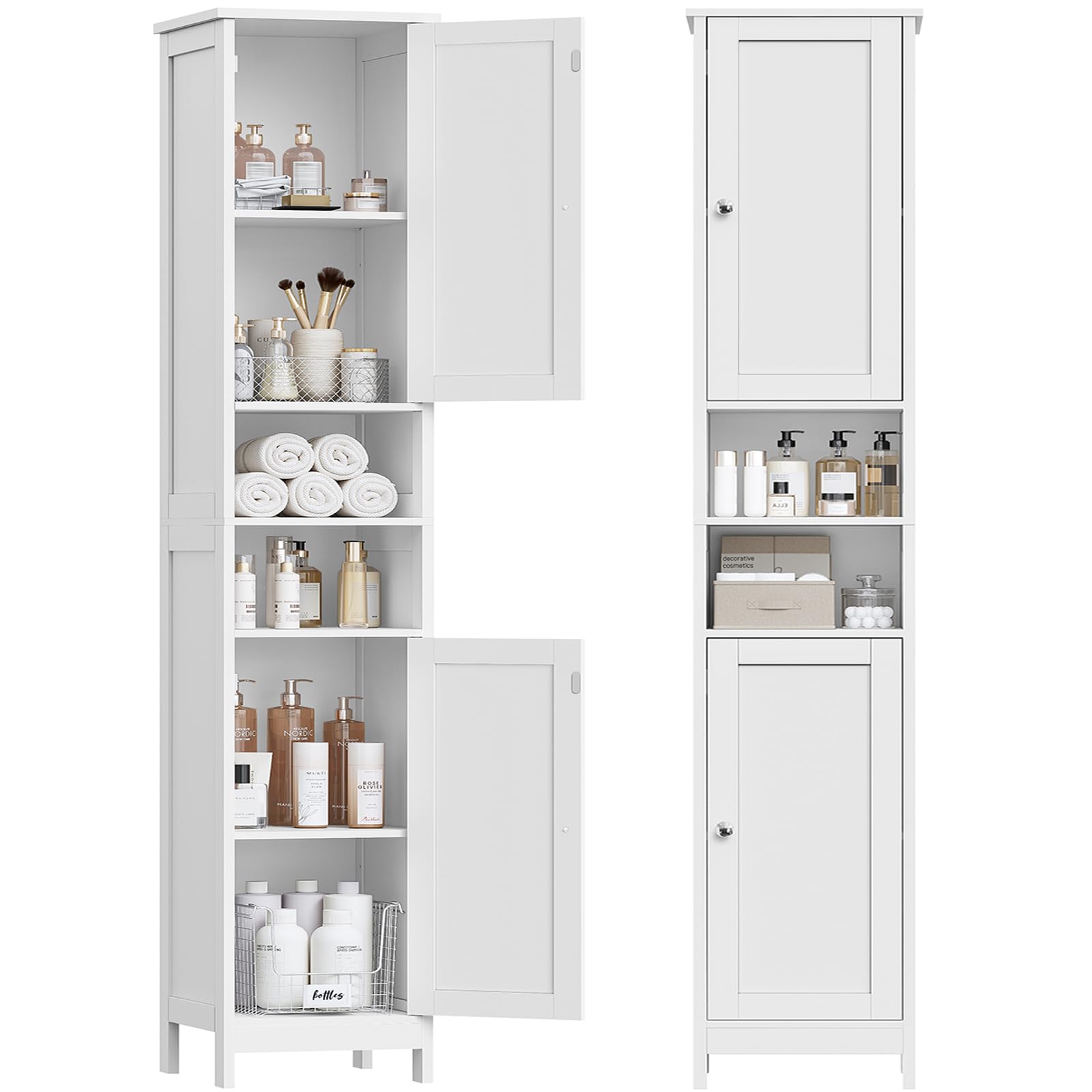 TEENFON 67" Tall Bathroom Cabinet with Adjustable Shelves and Doors, Narrow Bath