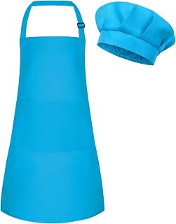 Kids Apron and Chef Hat Set - Adjustable Chef Apron with 2 Pockets - Toddler Chef Hat and Apron for Cooking Baking Painting (Blue)