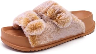 KuaiLu Women's Orthopaedic Plush Warm Slides Sandals with Soft Footbed, Cuddly Arch Support, Fluffy Slippers, Open Toe, Summer, Winter, Size 36-43