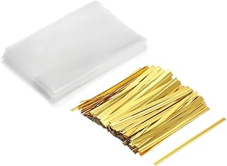 Clear Plastic Bags 4" x 2.5" Cookies Candy Bakery Dessert Treats Wedding Gift Storage 3" Foil Twist Ties Gold Tone 100 Sets