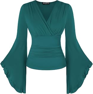 SCARLET DARKNESS Women V Neck Wrap Top Long Bell Sleeve Shirt