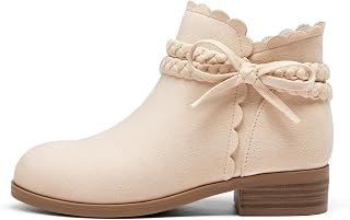Coutgo Girls Bow Ankle Boots Low Heel Zip Booties Braided Strap Dress Shoes