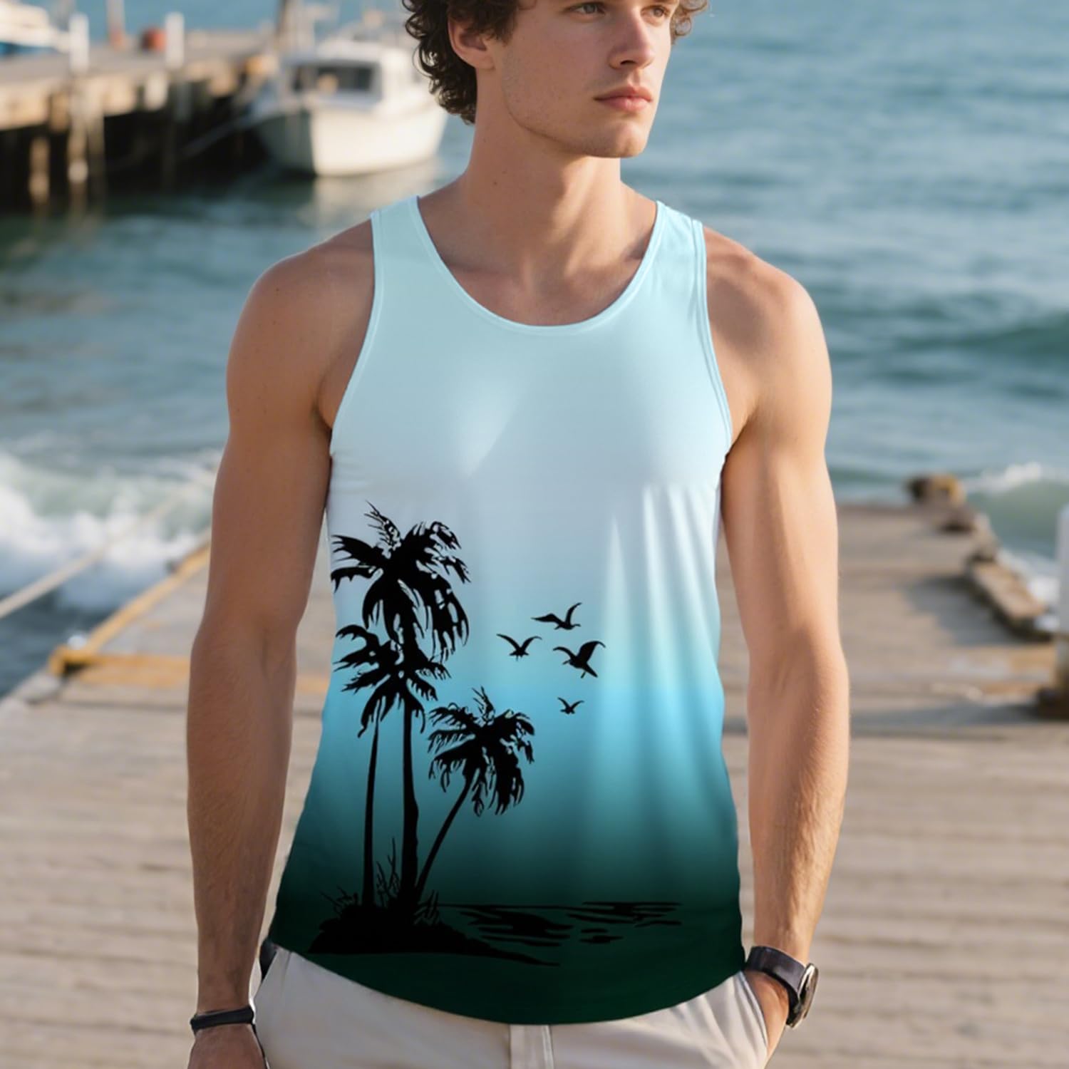 Men's Running Tank Top Sleeveless Palm Graphic Vacation Muscle Summer Beach