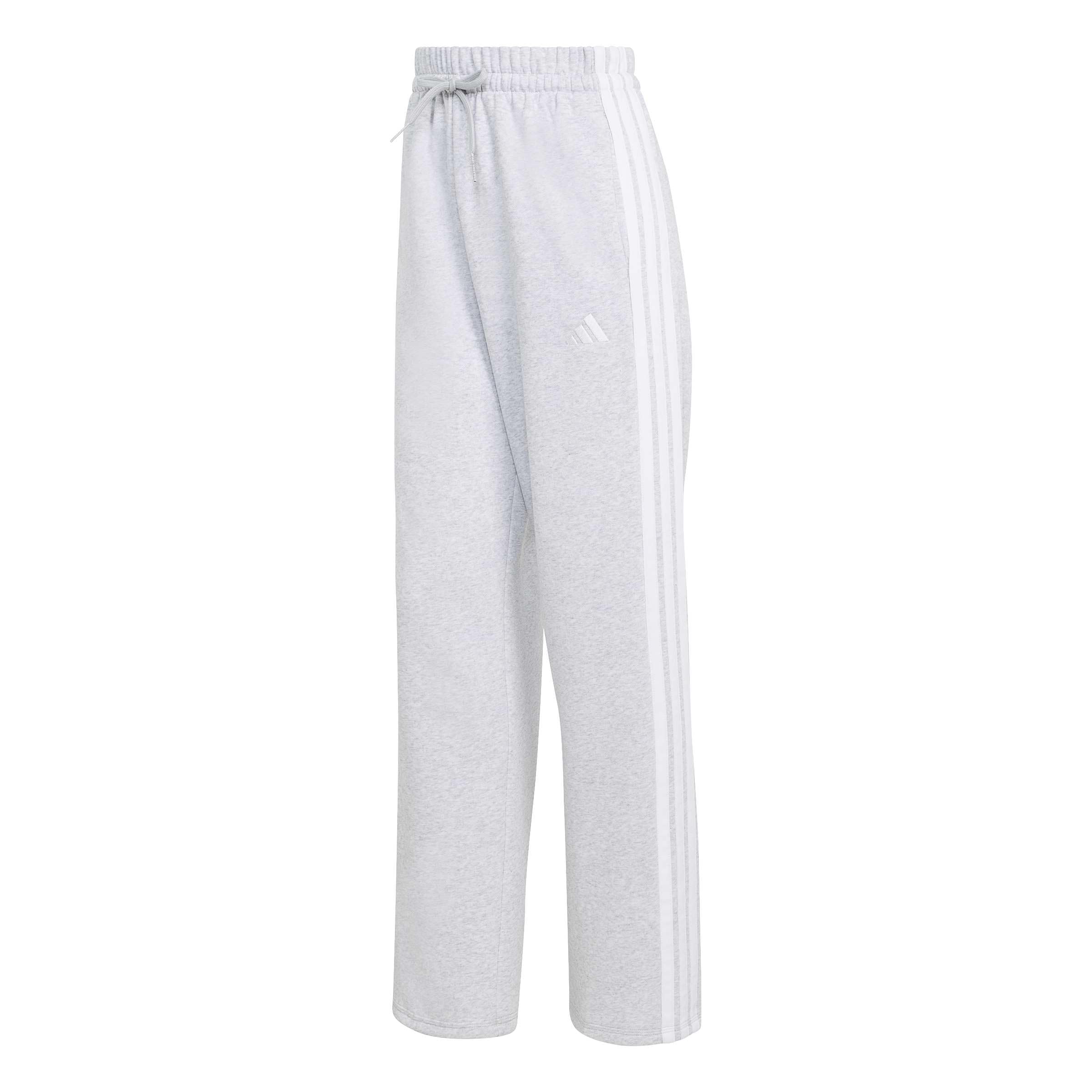 adidas Donna Essentials 3-Stripes Open HEM Fleece Pants, Light Grey Heather/Whit