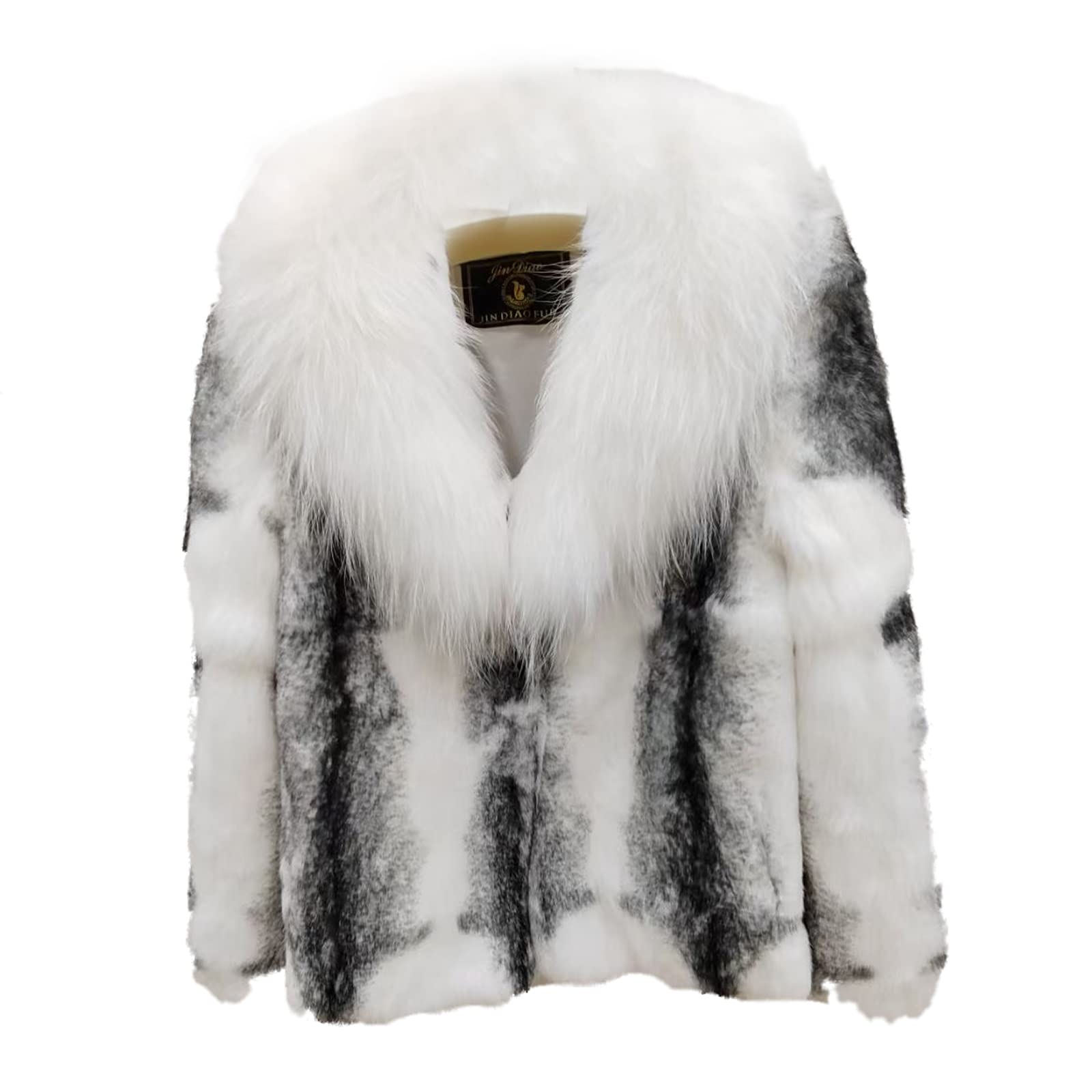 LVCOMEFF Women Real Rabbit Fur Coat with Genuine Fox Fur Collar Animal Print Fur