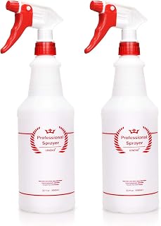 Plastic Spray Bottles 2 Pack, 32 Oz, Heavy Duty Sprayer, All-Purpose, Red | Chemical Resistant, Mist & Stream, Leak-Proof, Better Trigger, Measurements, for Cleaning Solutions, Planting, Car Detailing