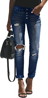 Women's High Waisted Casual Jeans Ripped Vintage Washed Denim with Cuffed Hem