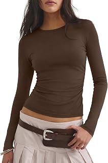 Darong Womens Long Sleeve Basic Shirt Crew Neck Ruched Fitted Fall Tops