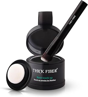 THICK FIBER Root Touch Up & Hairline Powder with Brush 4g – Covers Grey Roots & Thinning Hair – Sweat & Water Resistant – Hair Concealer for Bald Spots & Fill-In (Black) for Women & Men