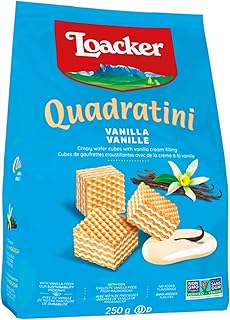 Loacker Quadratini Vanilla | Bite Size Cream Filled Wafer Cookies | 30% Less Sugar | Non-GMO | No Artificial Flavorings, Added Colors, or Preservatives | Halal & Kosher | 250g/8.82oz