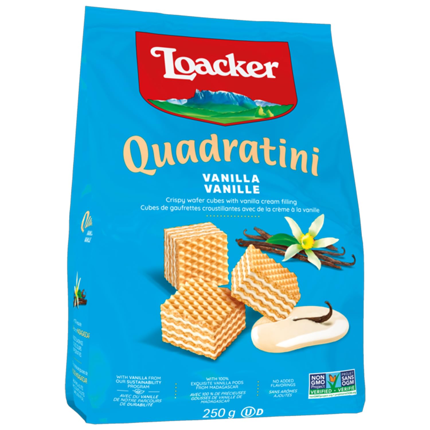 Loacker Quadratini Vanilla | Bite Size Cream Filled Wafer Cookies | 30% Less Sug