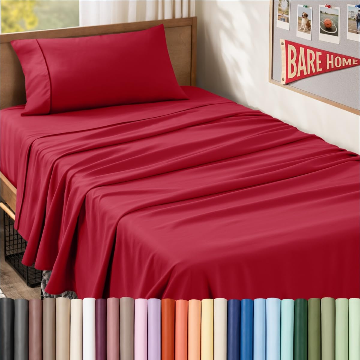 Bare Home Twin XL Sheet Set - 1800 Ultra-Soft (Twin XL, Red)