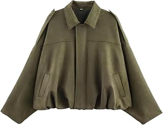 Womens Faux Suede Bomber Jacket Oversized Long Sleeve Cropped Coat