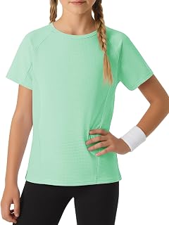Haloumoning Magliette sportive a maniche corte a blocchi di colore per ragazze, ad asciugatura rapida, girocollo, abbigliamento sportivo, 5-14 anni