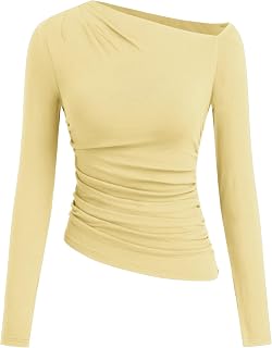 CIDER Off The Shoulder Tops for Women Long Sleeve Shirts Asymmetrical Neck Ruched Going Out Tops Y2K Slim Fit Fall Top