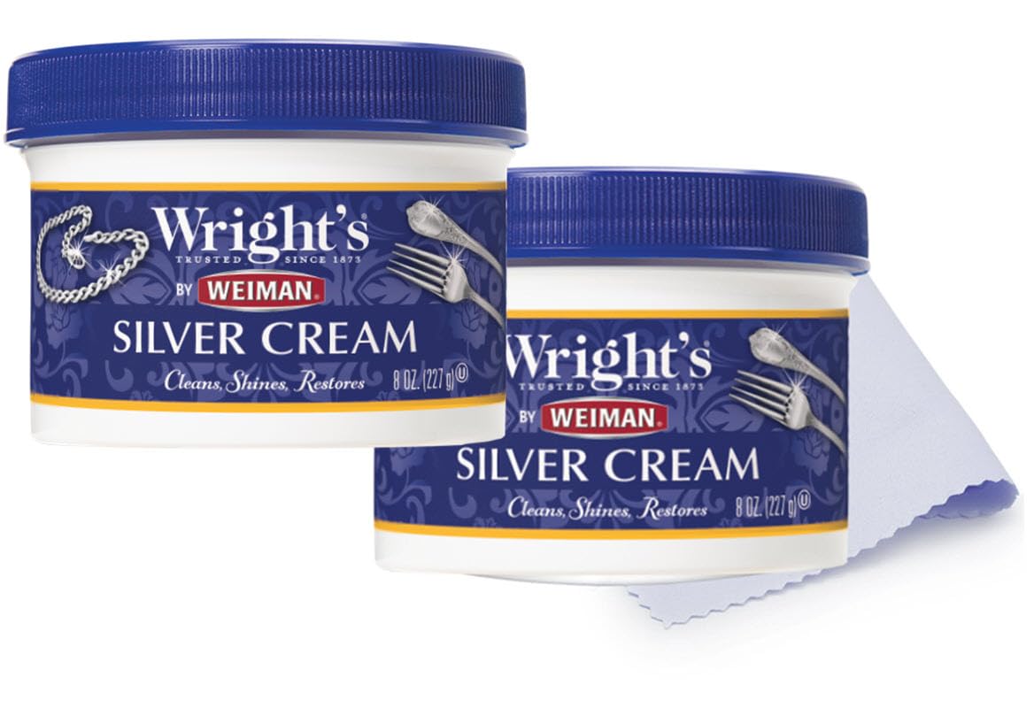 Wright's by Weiman Silver Cleaner and Polish Cream, 2 Pack with Cloth | Ammonia-