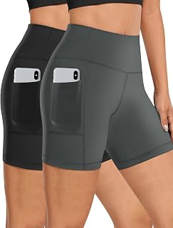 Womens Biker Shorts with Pockets High Waist Yoga Shorts 2 Pack