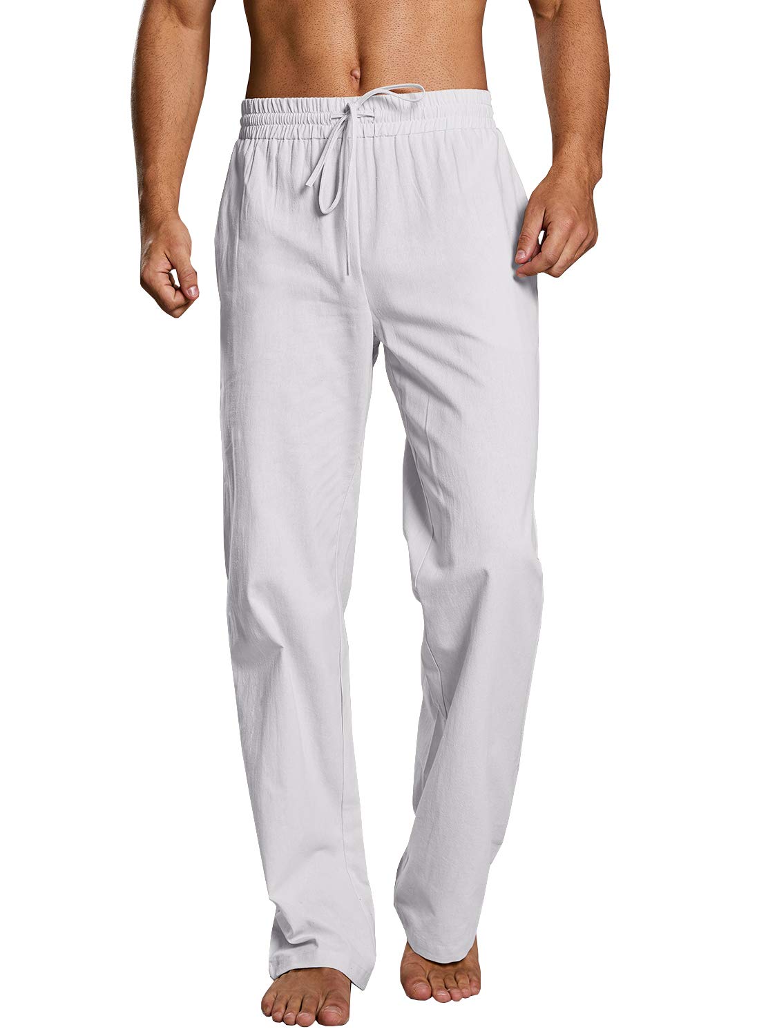 Mens Casual Linen Pants Loose Fit Elastic Waist Drawstring Straight Leg Long Pan