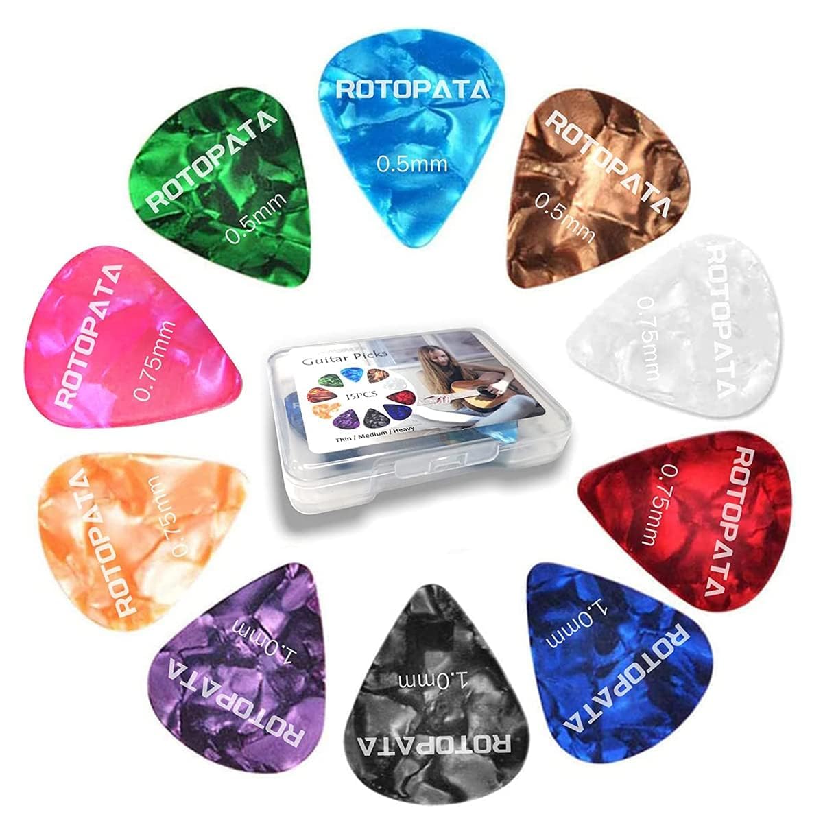 ROTOPATA 15 Pack Guitar Picks Variety Pack with Organizer Box | Colorful Cellulo