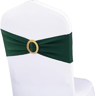 Pack of 100 Spandex Hunter Green Chair Sashes with Gold Buckles Chair Bands | Elastic Stretch Chair Bows for Wedding Party Birthday Anniversary Engagement Banquet Bridal Shower Christmas Events Decor