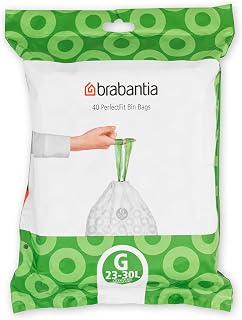 Brabantia Perfect Fit Bin Liners, Code G/23-30L, White, 40 Bags | Heavy Duty Thick Plastic Bag, Sliding Handles, Simplified Bag Replacement, White with Green Handles