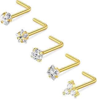 CIZME Surgical Steel Nose Studs Piercing Jewellery L S Shape Screws Pins | 5 Pieces Hypoallergenic Nostril Rings Body Jewelry Women Men Unisex Curved Straight Gem Crystal Pack CZ Set Sparkle