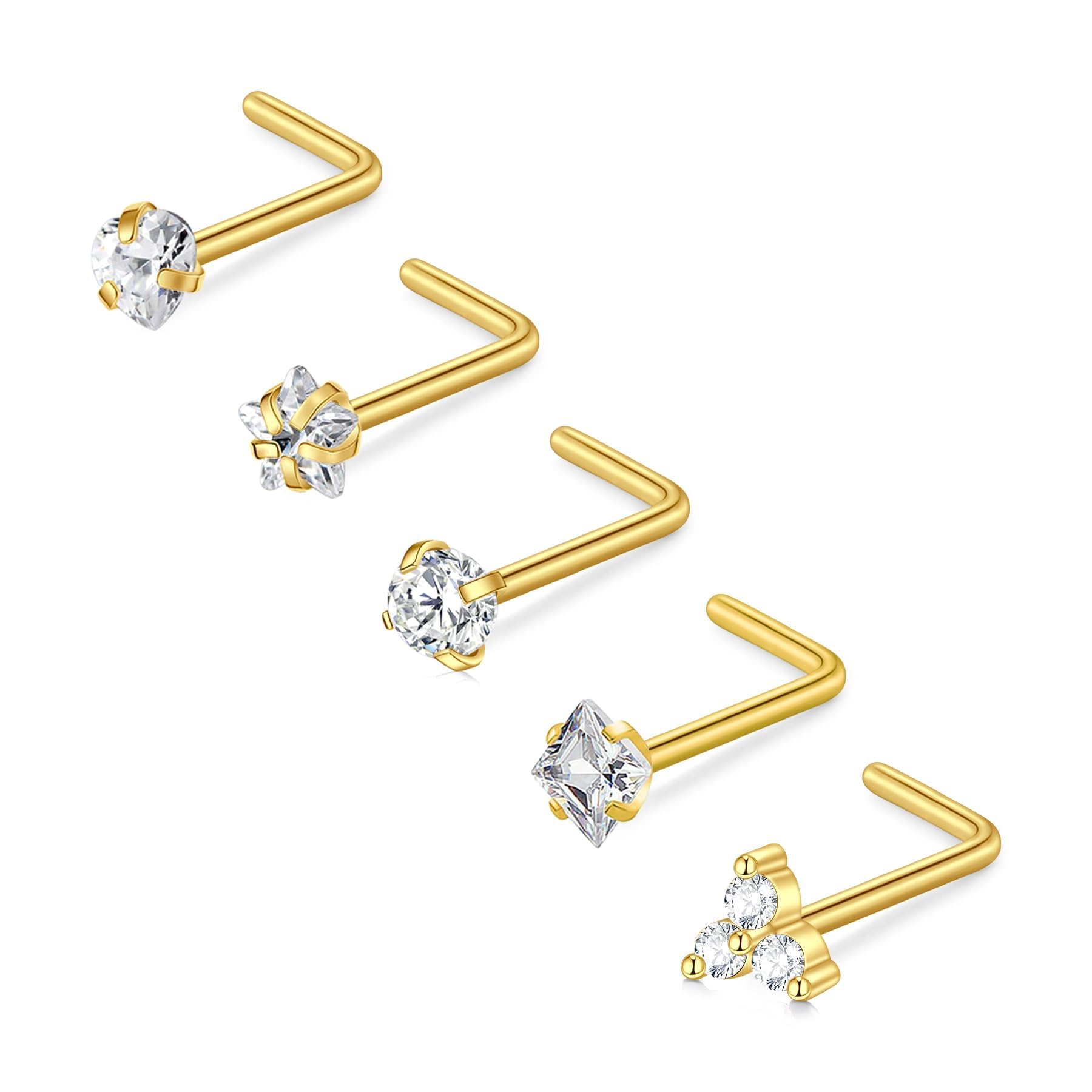 CIZME Surgical Steel Nose Studs Piercing Jewellery L S Shape Screws Pins | 5 Pie