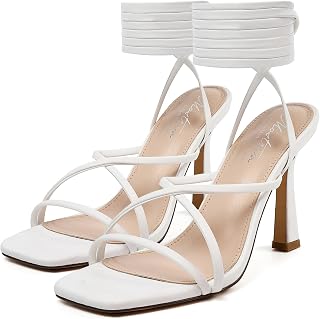 Mostrin Womens Sandals Strappy Heels for Women Ankle Strap Lace Up Heels Square Open Toe Heels Tie Up Stiletto High Heeled Sandals for Prom, Party, Daily Wear