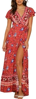 Women’s Boho V Neck Wrap Vintage Floral Print Short Sleeve Split Flowy Beach Party Maxi Dress Red S