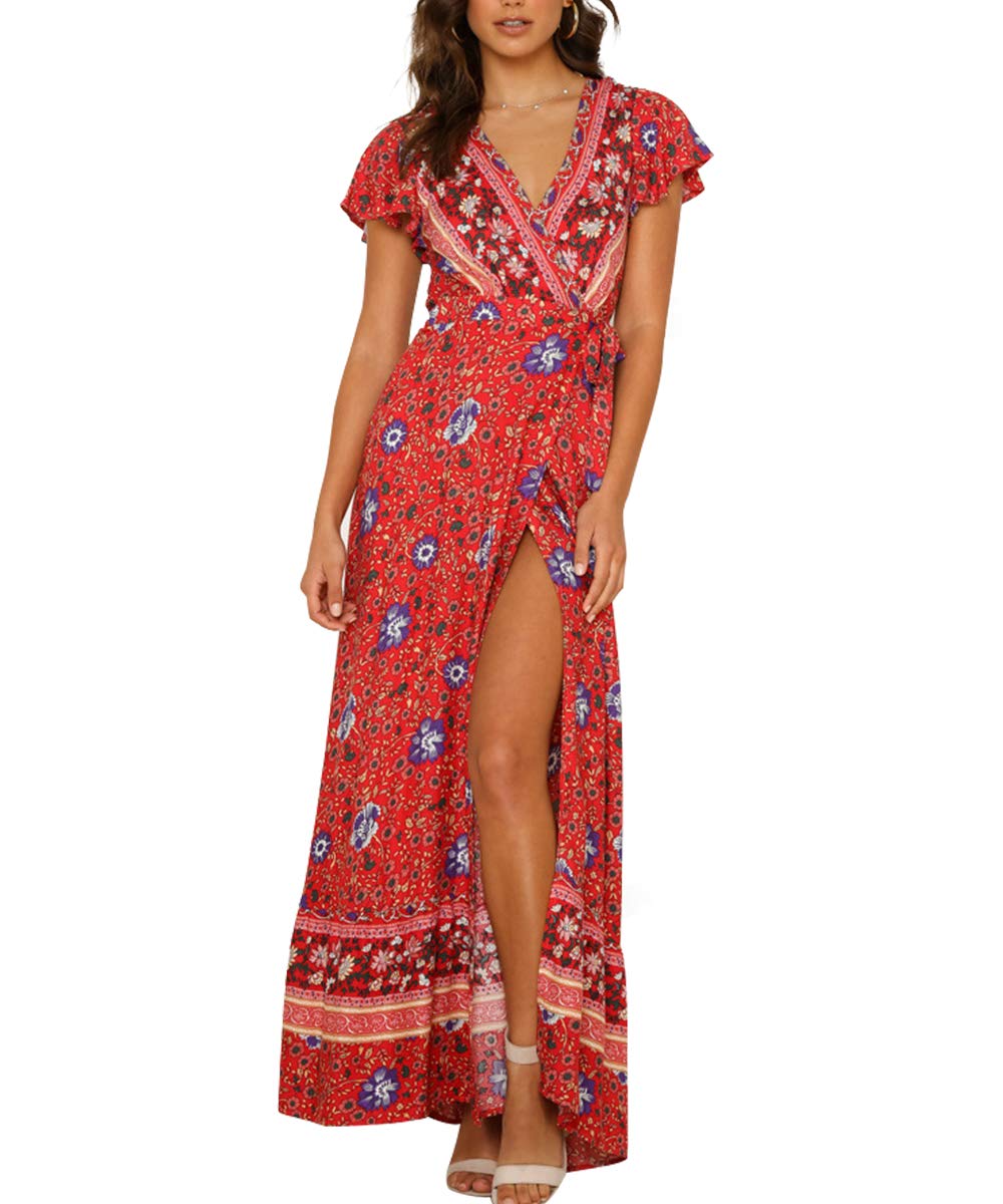 Women’s Boho V Neck Wrap Vintage Floral Print Short Sleeve Split Flowy Beach Par