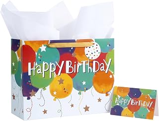 Loveinside Colorful Birthday Gift Bag, Balloons Pattern with HAPPY BIRTHDAY Text, Matching Tissue Paper, Greeting Card and Tag, Ideal for Kids' Birthday Gifts, 13" x 5" x 10", 1 Pcs