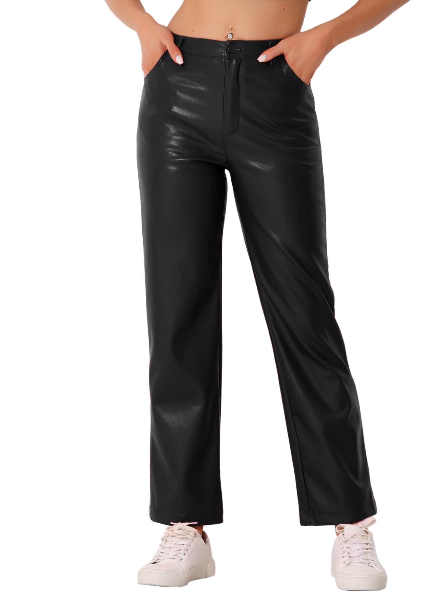 Allegra K Women Punk High Waist Straight Leg Faux Leather Pants