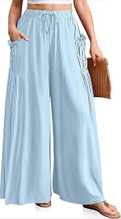 TARSE レディース ワイドレッグ リネンパンツ 流れるようなカジュアルパラッツォパンツ