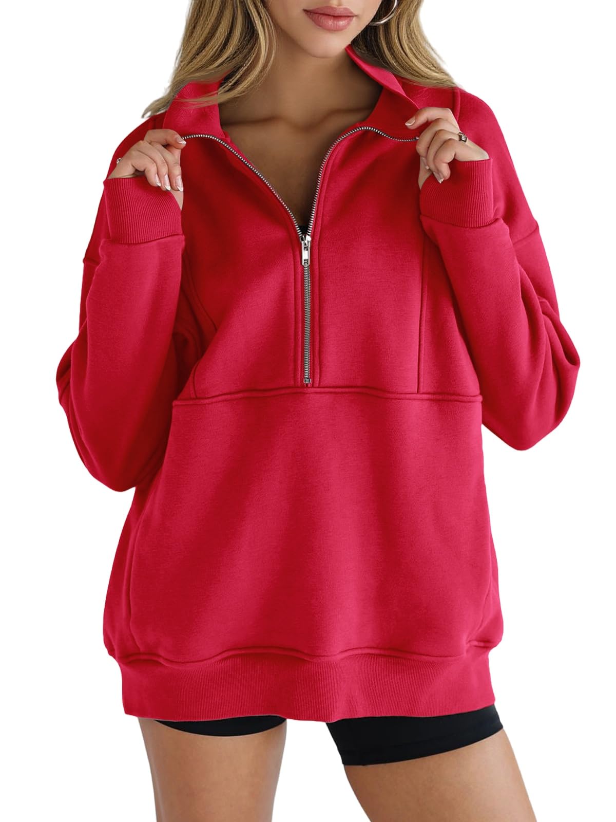 Women's Half Zip Sweatshirts Fleece Stand Collar Long Sleeve Thumb Hole Oversize