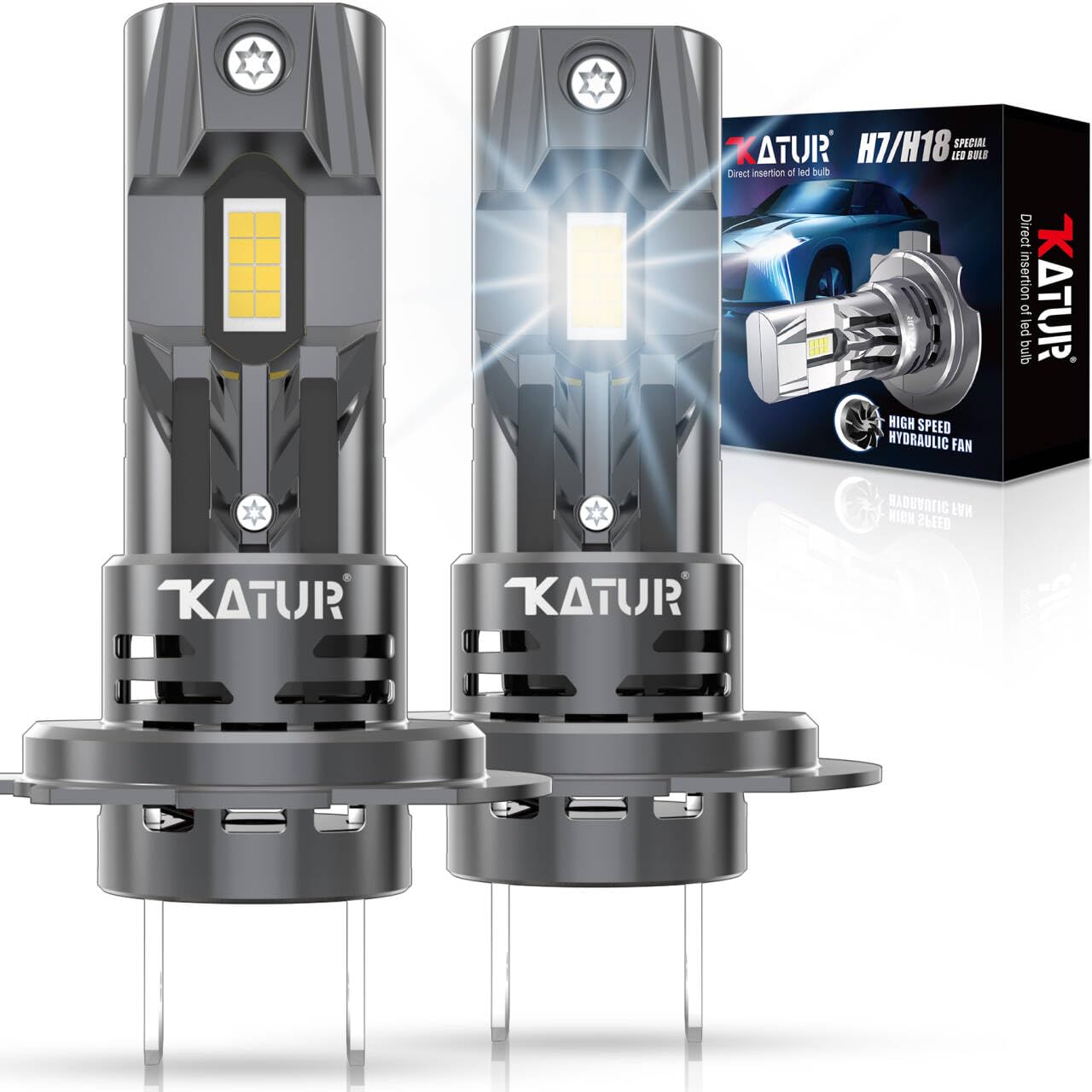 KATUR H7 LED Headlight Bulbs 30000LM, Upgraded 6000K Xenon White Wireless H7 H18