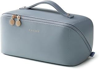 EACHY Travel Makeup Bag for Women, Flat Open Cosmetic Bag, Blue, Large