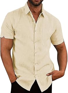Friptspyg Men's Cotton Linen Shirt Short Sleeve Regular Fit Casual Summer Shirts with Pocket