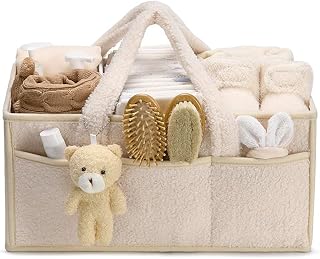 Baby Diaper Caddy Organizer, Baby Organizers and Storage for Changing Table, Babies Shower Gift and Registry Must-Have for Boy &Girl, Nursery Essentials Car Caddy Organizer with Handle (Ivory)