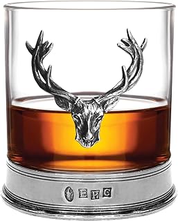 English Pewter Company 11oz Old Fashioned Whisky Rocks Glass With Stag Deer Head Antler and Pewter Base [STAG104]