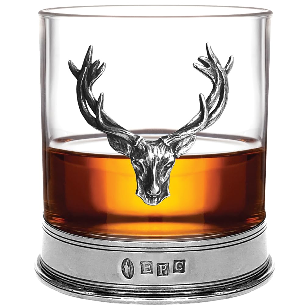 English Pewter Company 11oz Old Fashioned Whisky Rocks Glass With Stag Deer Head