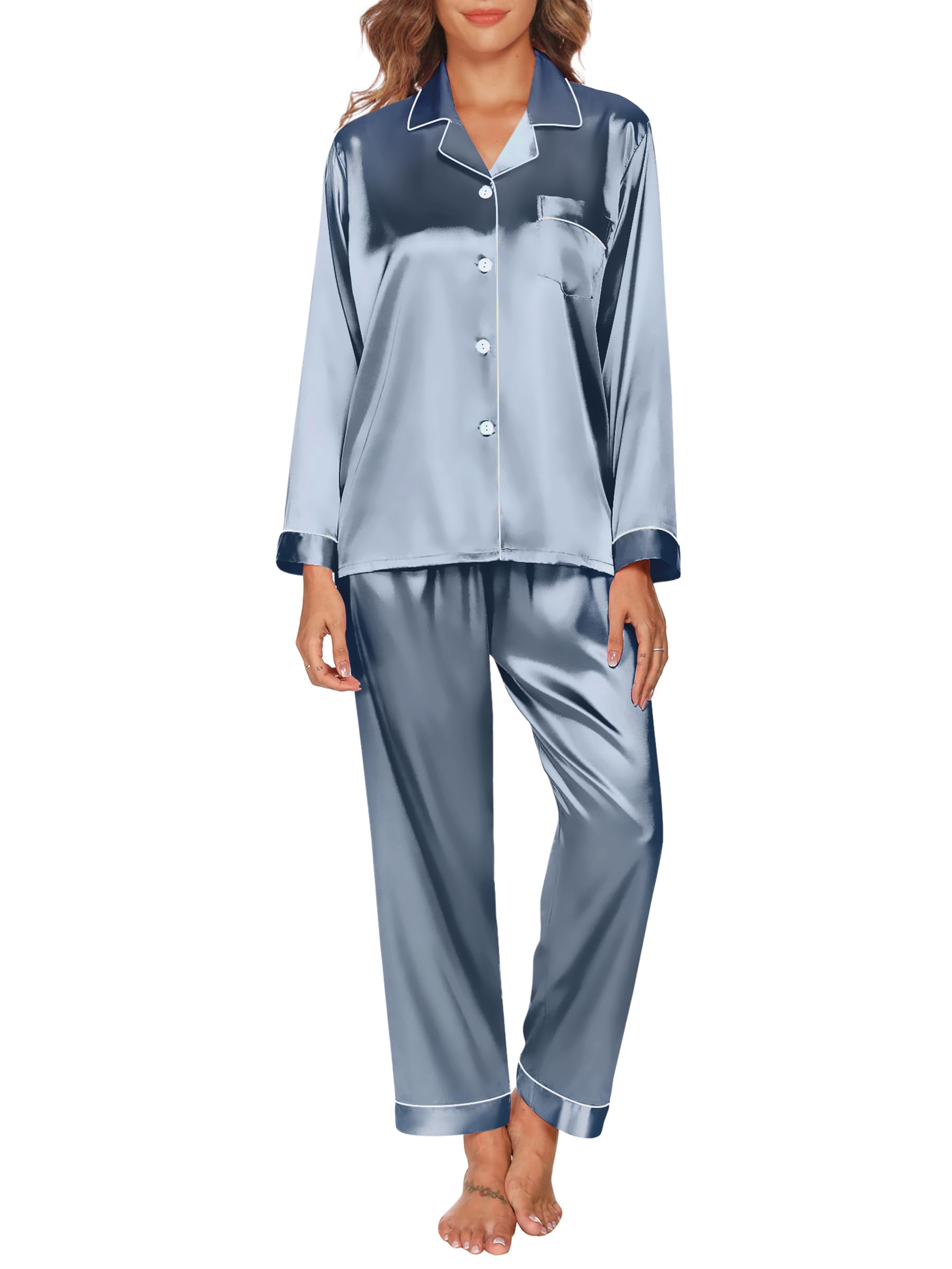 GAESHOW Pyjama Soie Femme Ensembles de Pyjama en Satin de Soie Manches Longues V