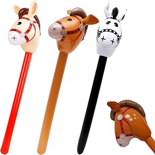 3 Pack Inflatable Hobby Horses, Horse on a Stick, Inflatable Horse Sticks, Black Red Brown