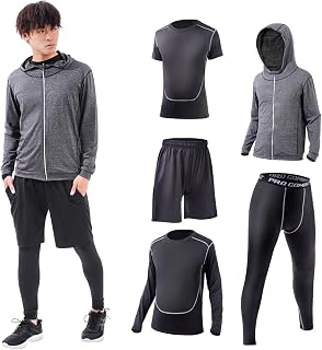 Lamily Men's Compression Wear 【Supervised by a Certified Physical The】 【Moderate Compression to Support the Body】 Half-Sleeve, Long-Sleeve Training Wear, 5-Piece Set (Top and Bottom), Sportswear