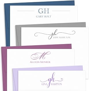 Sunny Ink Paper Co. Personalized Custom Monogram Initials Note Cards - Flat and Folded Correspondence Stationery - Thank You Notes